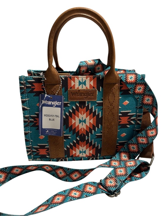 Wrangler Handbags - Wrangler Teal Geometric Crossbody Tote with Brown Accents